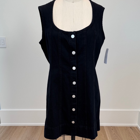 Frame Denim Black Seamed Scoop Button-Front Mini Dress - Picture 1 of 13